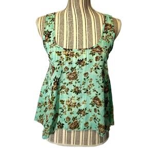 HUG Mint Floral Multicolor Cut Out Bow Detail Back Sleeveless Blouse Women Sz S